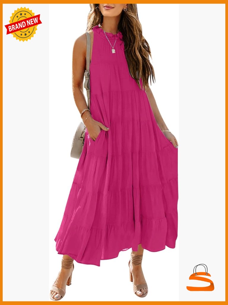 Sleeveless Halter Midi Maxi Dress Casual Loose Fit Pleated Tiered Flowy Beach